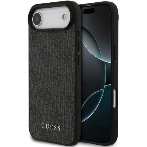 Czarne etui na telefon z teksturowanym wzorem i widocznym napisem "GUESS" w dolnej części. Obok etui znajduje się smartfon z wyświetlaczem pokazującym abstrakcyjny wzór.