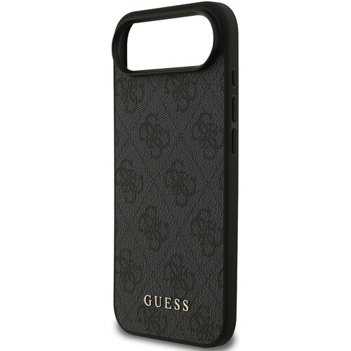 Czarne etui na telefon z teksturowanym wzorem i wycięciem na aparat, z widocznym napisem "GUESS" w dolnej części. Po bokach znajdują się przyciski.
