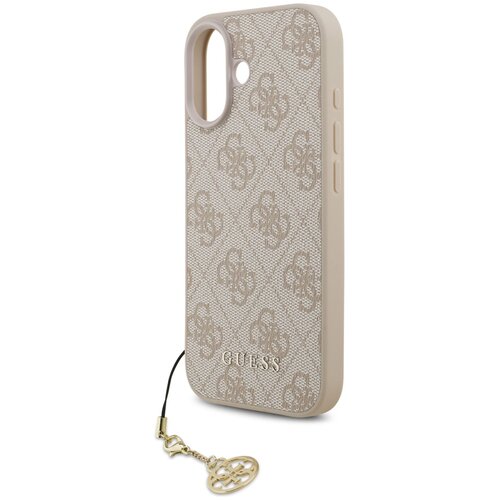 Etui na telefon w kolorze różowym z wzorem 4G i napisem "GUESS" na dole, posiada otwory na aparat i przyciski oraz zawieszkę w kształcie ozdobnego charmsa.