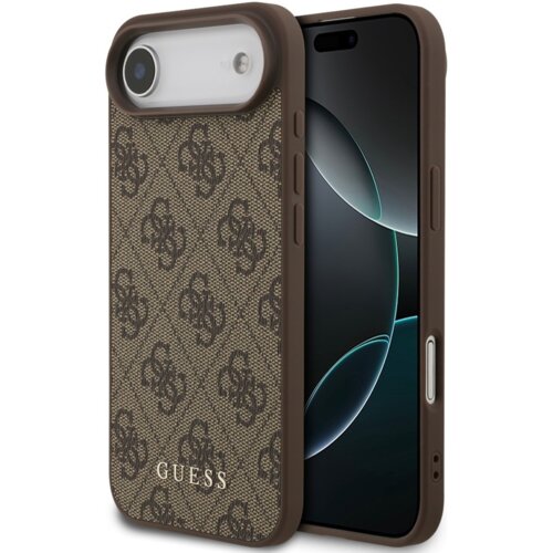 Brązowe etui na telefon z wzorem 4G i napisem "GUESS" na dole, zaprojektowane dla Apple iPhone Air. Etui ma wycięcia na aparat i przyciski, a jego powierzchnia jest ozdobiona powtarzającym się motywem.