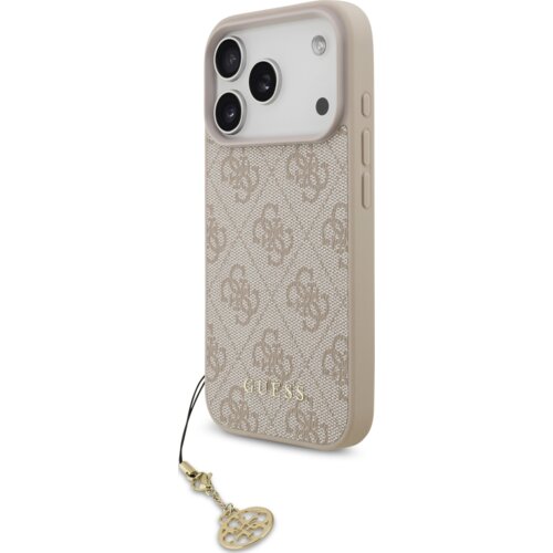 Etui na telefon w kolorze różowym z wzorem 4G i zawieszką, posiada trzy otwory na aparaty oraz logo "GUESS" na dole. Produkt jest przeznaczony do Apple iPhone 17 Pro i kompatybilny z MagSafe.