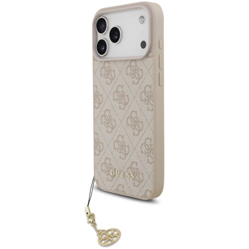 Etui na telefon w kolorze różowym z wzorem 4G i zawieszką, posiada trzy otwory na aparaty oraz logo "GUESS" w dolnej części. Produkt jest przeznaczony do modelu Apple iPhone 17 Pro Max i obsługuje technologię MagSafe.