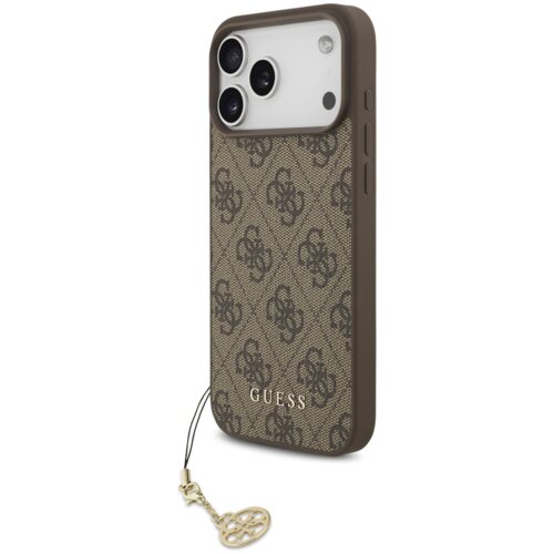 Brązowe etui na telefon z wzorem 4G i napisem "GUESS" na dole, posiada trzy otwory na aparaty oraz dołączony złoty brelok. Produkt jest przeznaczony do Apple iPhone 17 Pro Max i obsługuje technologię MagSafe.