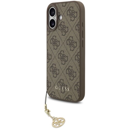 Brązowe etui na telefon z wzorem 4G i napisem "GUESS" na dole, posiada zawieszkę w kształcie ozdobnego logo. Etui jest przeznaczone do modelu Apple iPhone 17 i jest kompatybilne z MagSafe.