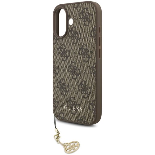 Brązowe etui na telefon z kolekcji GUESS 4G Charms Collection, ozdobione wzorem z logo i zawieszką. Na dole etui widoczny jest napis "GUESS".
