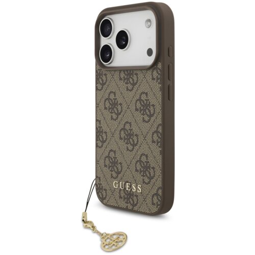 Brązowe etui na telefon z wzorem 4G i napisem "GUESS" na dole, posiada trzy otwory na aparaty oraz zawieszkę z ozdobnym elementem. Produkt jest przeznaczony do Apple iPhone 17 Pro i obsługuje technologię MagSafe.