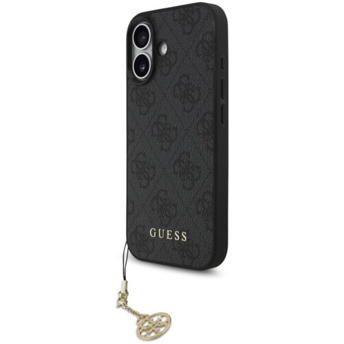 Czarne etui na telefon z teksturą w delikatny wzór, z widocznym złotym napisem "GUESS" oraz zawieszką w kształcie ozdobnego wzoru na złotym łańcuszku. Etui posiada wycięcia na aparat i przyciski boczne.