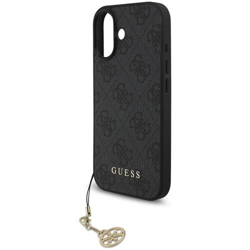 Czarne etui na telefon z teksturą i subtelnym wzorem, z widocznym napisem "GUESS" w dolnej części. Do etui przymocowany jest złoty brelok z ozdobnym wzorem.