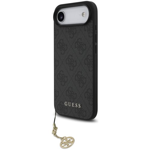 Czarne etui na telefon z wzorem 4G i złotym napisem "GUESS" na dole, posiada przyczepiony złoty brelok w kształcie ozdobnego wzoru. Etui ma wycięcie na aparat i przyciski boczne.