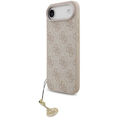 Etui na telefon w kolorze różowym z wzorem 4G i zawieszką, na którym widnieje napis "GUESS". Produkt posiada wycięcia na aparat i przyciski oraz jest wyposażony w funkcję MagSafe.