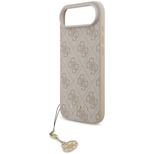 Etui na telefon w kolorze różowym z wzorem 4G i napisem "GUESS" na dole, posiada zawieszkę w kształcie logo. Produkt jest przeznaczony do Apple iPhone 17 Air i kompatybilny z MagSafe.