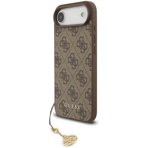Brązowe etui na telefon z wzorem 4G i napisem "GUESS" na dole, posiada złoty brelok z logo. Etui ma wycięcie na aparat i przyciski boczne.