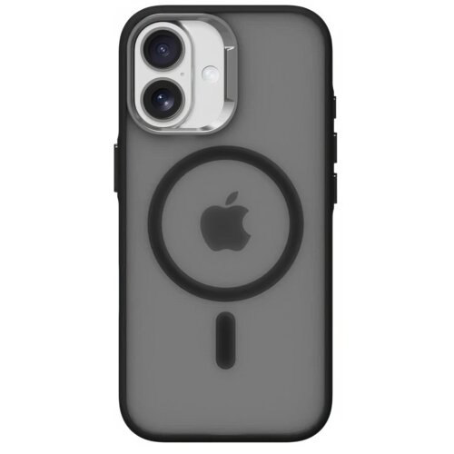 Czarne etui na telefon z matowym wykończeniem, posiada okrągły wzór z symbolem jabłka na środku. W górnej części widoczne są dwa obiektywy aparatu oraz lampa błyskowa.