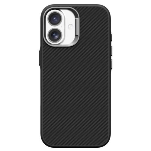 Czarne etui o fakturze przypominającej włókno węglowe, z wycięciem na podwójny aparat fotograficzny. Na etui nie ma widocznych napisów ani logo.