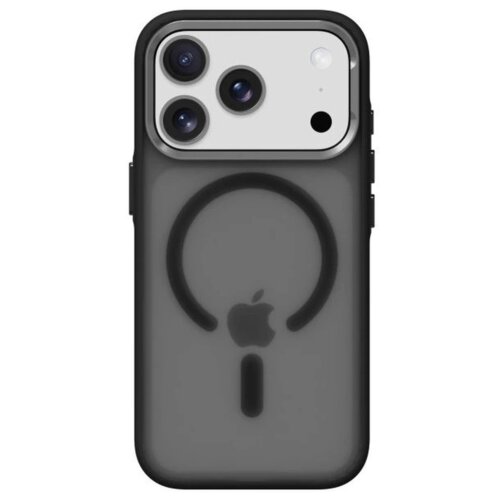 Czarne etui na telefon z trzema wycięciami na aparaty oraz okrągłym wzorem MagSafe i logo jabłka na tylnej części. Produkt jest przeznaczony do modelu Apple iPhone 17 Pro.