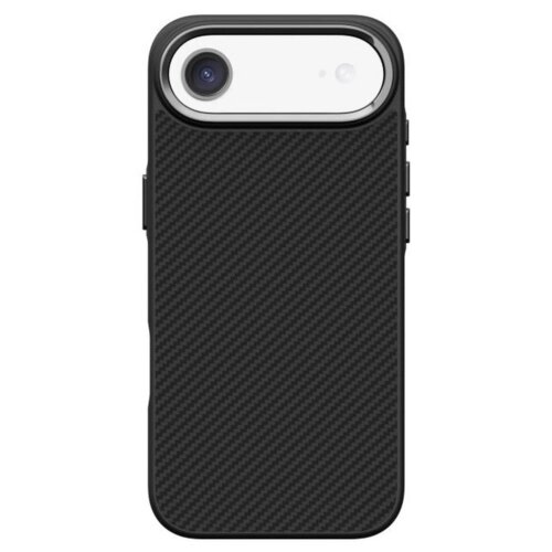 Czarne etui o fakturze przypominającej włókno węglowe, z wycięciem na aparat i przyciski boczne. Produkt jest przeznaczony do telefonu iPhone i posiada funkcję MagSafe.