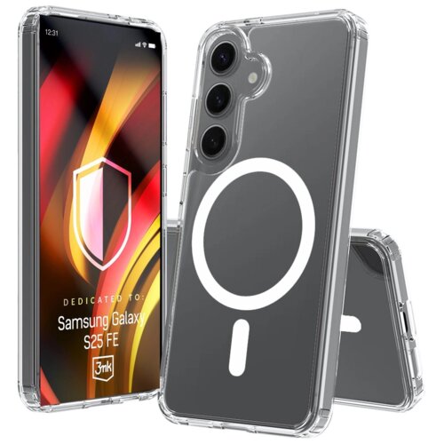 Przezroczyste etui na telefon z trzema widocznymi aparatami i białym okręgiem na tylnej części. Na ekranie telefonu widoczny jest tekst: "DEDICATED TO: Samsung Galaxy S25 FE" oraz logo "3mk".