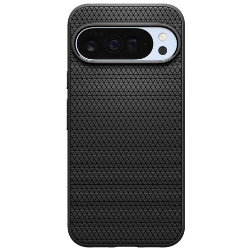 Czarne, matowe etui z teksturą w drobne trójkąty, z wycięciem na aparat i lampę błyskową. Produkt przeznaczony do telefonu Google Pixel 10 Pro XL.