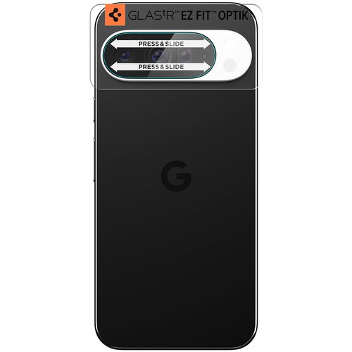 Na zdjęciu widoczny jest czarny telefon z logo "G" na środku, a na górze znajduje się przezroczysta nakładka na obiektyw z napisem "GLAS.tR EZ FIT™ OPTIK" oraz instrukcją "PRESS & SLIDE".