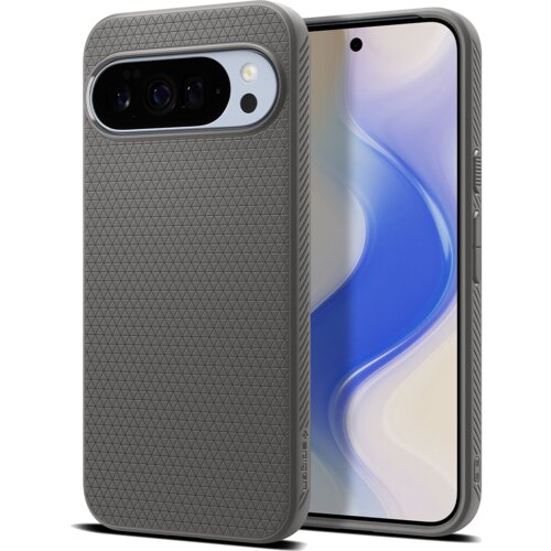 Szare etui z teksturą w trójkąty, zaprojektowane dla telefonu, z widocznym wycięciem na aparat i logo "SPIGEN" na boku. Obok etui znajduje się telefon z wyświetlaczem pokazującym abstrakcyjny wzór w odcieniach niebieskiego i białego.