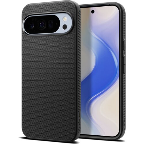 Czarne, matowe etui z teksturą w trójkąty, przeznaczone do telefonu, z widocznym wycięciem na aparat i logo "Spigen" na boku. Obok etui znajduje się telefon z wyświetlaczem pokazującym abstrakcyjny, niebiesko-biały wzór.