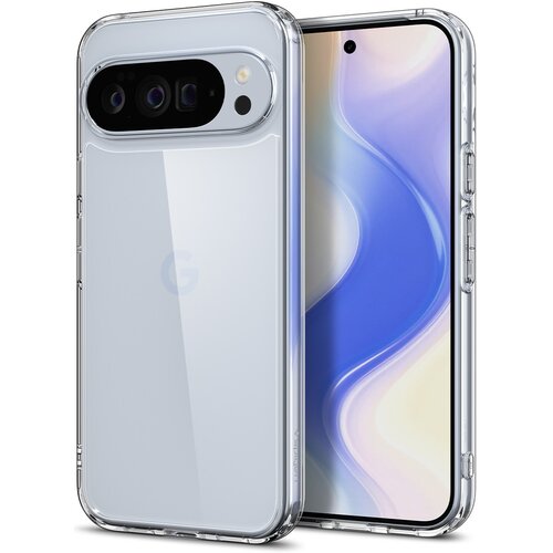 Przezroczyste etui na telefon z widocznym logo "G" na tylnej części, obok którego znajduje się wycięcie na aparat z trzema obiektywami i lampą błyskową. Obok etui widoczny jest telefon z wyświetlaczem pokazującym abstrakcyjny, kolorowy wzór.