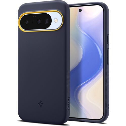 Granatowe etui na telefon z widocznym logo producenta, posiada wycięcia na aparat i przyciski. Na etui znajduje się napis "SPIGEN".