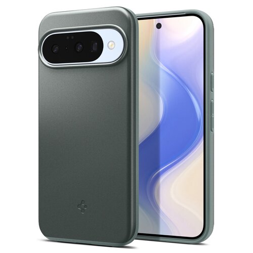 Zielone etui na telefon z widocznym logo producenta w dolnej części, zaprojektowane z wycięciem na aparat i przyciski boczne. Obok etui znajduje się telefon z wyświetlaczem pokazującym abstrakcyjny wzór w odcieniach fioletu i beżu.