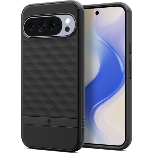 Czarne matowe etui z geometrycznym wzorem na tylnej części, przeznaczone do telefonu Google Pixel 10 Pro XL, z widocznym logo producenta "Spigen" na boku. Obok etui znajduje się telefon z wyświetlaczem pokazującym abstrakcyjny, niebiesko-biały wzór.