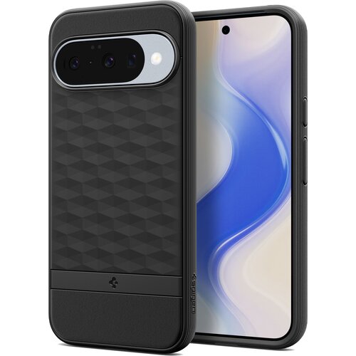 Czarne matowe etui na telefon z geometrycznym wzorem na tylnej części, obok którego widoczny jest telefon z wyświetlaczem pokazującym abstrakcyjny, niebiesko-biały wzór. Na etui znajduje się logo producenta oraz napis "SPIGEN".