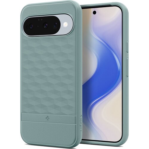 Zielone etui na telefon z geometrycznym wzorem na tylnej części, obok widoczny jest telefon z wyświetlaczem pokazującym abstrakcyjną grafikę w odcieniach niebieskiego i białego. Na etui znajduje się logo producenta oraz napis "SPIGEN".