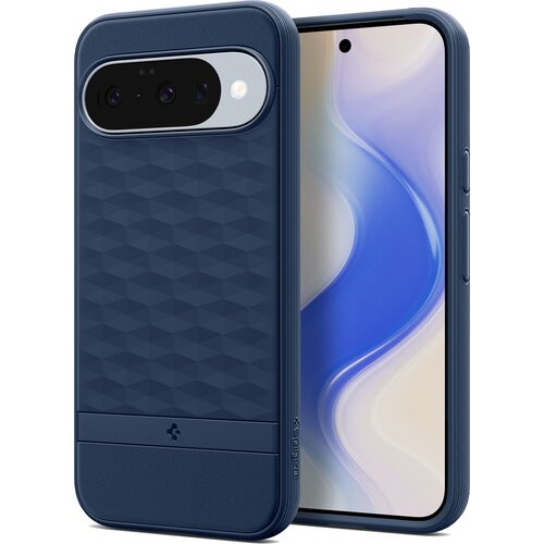 Ciemnoniebieskie etui z geometrycznym wzorem na tylnej części, przeznaczone do telefonu Google Pixel 10/10 Pro, z widocznym logo producenta. Obok etui znajduje się telefon z wyświetlaczem pokazującym abstrakcyjny, niebiesko-biały wzór.