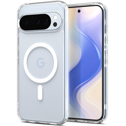 Przezroczyste etui na telefon z widocznym okręgiem MagSafe i literą "G" na tylnej części, obok telefonu z wyświetlaczem pokazującym abstrakcyjny, kolorowy wzór. Na etui znajduje się napis "SPIGEN".