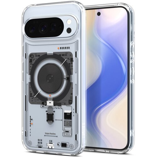 Przezroczyste etui na telefon z widocznymi elementami technologicznymi, takimi jak cewka i układy elektroniczne, z napisem "Spigen NeoOne". Obok etui znajduje się telefon z wyświetlaczem pokazującym abstrakcyjny wzór w odcieniach niebieskiego i beżu.