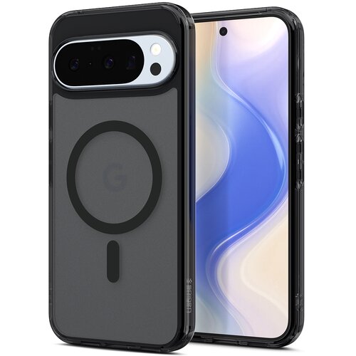 Czarne etui na telefon z przezroczystymi elementami, widoczne logo "G" oraz napis "Spigen" na boku. Obok etui znajduje się telefon z wyświetlaczem pokazującym abstrakcyjną, kolorową grafikę.