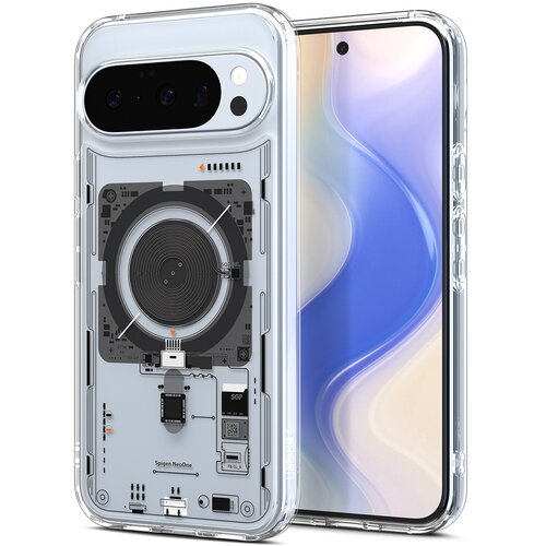 Przezroczyste etui na telefon z widocznymi elementami technologicznymi i napisem "Spigen NeoOne" oraz logo "SPIGEN" na boku. Obok etui znajduje się telefon z wyświetlaczem pokazującym abstrakcyjny wzór w odcieniach niebieskiego i beżu.