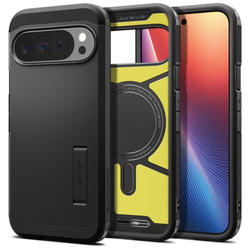 Czarne etui na telefon z widocznym logo "Spigen" oraz napisem "Modern Technology" na górze, z żółtym wnętrzem i okrągłym wycięciem na system MagSafe. Etui posiada wycięcia na aparat oraz przyciski boczne, a także wbudowaną podpórkę.