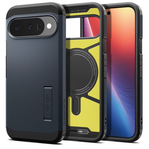 Na zdjęciu widoczne są trzy etui na telefon w kolorze szarym, z czego jedno jest otwarte, ukazując żółte wnętrze z okrągłym elementem. Na etui znajduje się napis "SPIGEN" oraz "TOUGH ARMOR".
