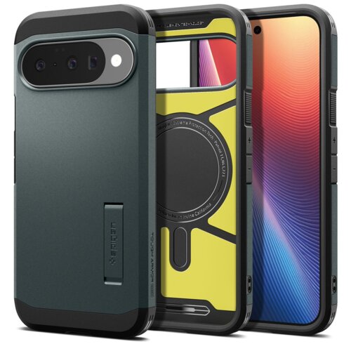 Ciemnozielone etui SPIGEN Tough Armor Mag MagSafe do Google Pixel 10 / 10 Pro jest pokazane z przodu i z tyłu, z widocznym napisem "SPIGEN" oraz "TOUGH ARMOR" na bocznej części. Wnętrze etui ma żółty kolor z czarnymi elementami i okrągłym wycięciem na MagSafe.