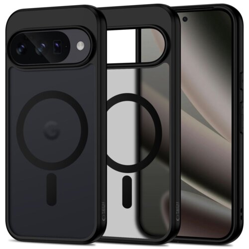 Czarne, matowe etui TECH-PROTECT MagMat MagSafe do Google Pixel 10 / 10 Pro jest przedstawione w trzech ujęciach: z przodu, z tyłu i z boku, z widocznym okrągłym wzorem na środku. Na etui znajduje się logo "TECH-PROTECT".