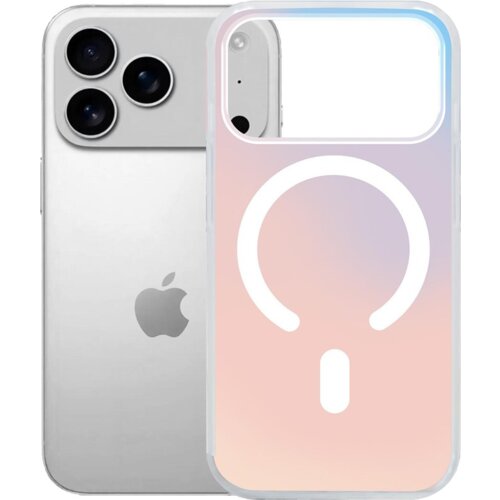 Na zdjęciu widoczny jest przezroczysty, wielokolorowy etui z białym okrągłym wzorem, obok którego znajduje się srebrny telefon z trzema aparatami i logo w kształcie nadgryzionego jabłka.