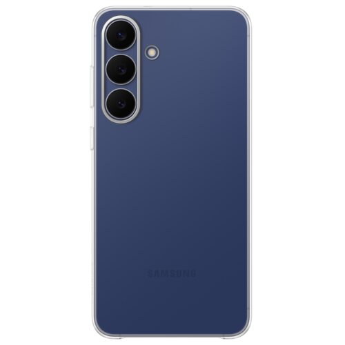 Przezroczyste etui na telefon z trzema okrągłymi wycięciami na aparaty i jednym na lampę błyskową, widoczne na ciemnoniebieskim tle urządzenia. Na dole znajduje się subtelne logo "SAMSUNG".