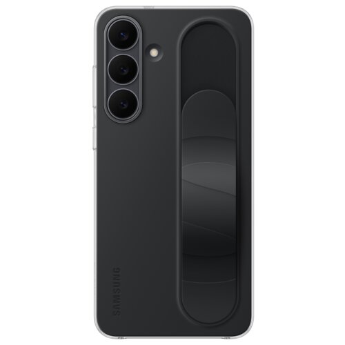 Czarne etui na telefon z trzema okrągłymi otworami na aparaty i jednym na lampę błyskową, posiada pionowy uchwyt na tylnej części. Na etui widoczny jest napis "SAMSUNG".