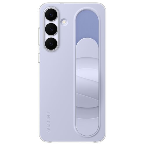 Jasnoniebieskie etui na telefon z trzema okrągłymi otworami na aparaty fotograficzne oraz pionowym uchwytem na tylnej części. Na etui widoczne jest wytłoczone logo "SAMSUNG".