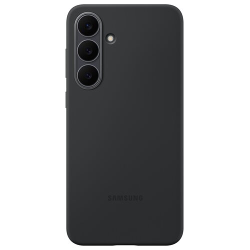 Czarne etui silikonowe z trzema okrągłymi wycięciami na aparaty i jednym mniejszym na lampę błyskową. Na dole widoczny jest napis "SAMSUNG".