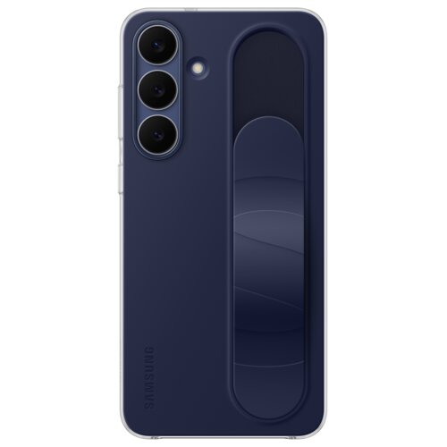 Ciemnoniebieskie etui na telefon z trzema okrągłymi otworami na aparaty fotograficzne oraz pionowym uchwytem na tylnej części. Na etui widoczne jest wytłoczone logo "SAMSUNG".
