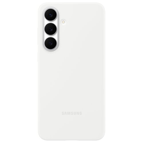 Białe etui na telefon z trzema okrągłymi wycięciami na aparaty oraz mniejszym otworem na lampę błyskową. Na dole widoczny jest napis "SAMSUNG".