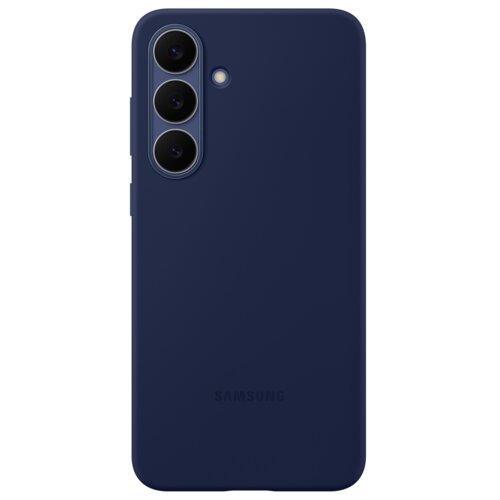 Ciemnoniebieskie etui silikonowe z trzema okrągłymi wycięciami na aparaty oraz jednym mniejszym na lampę błyskową. Na dole widoczny jest napis "SAMSUNG".
