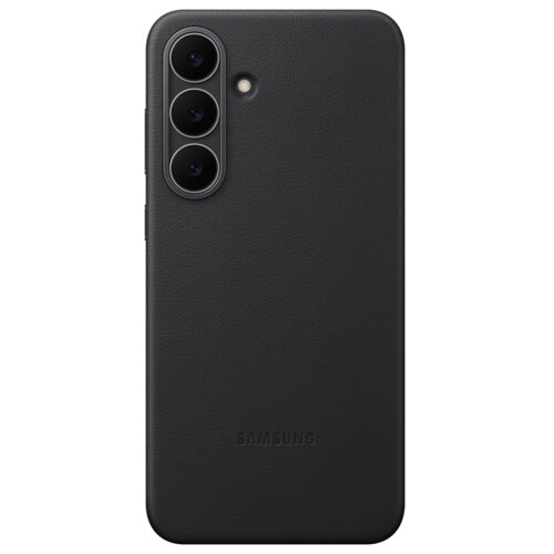 Czarne etui na telefon z trzema okrągłymi wycięciami na aparaty i jednym na lampę błyskową, z wytłoczonym napisem "SAMSUNG" na dole. Powierzchnia etui ma teksturę przypominającą skórę.