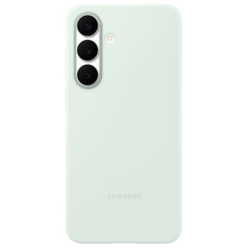 Miętowe etui silikonowe na telefon z trzema okrągłymi wycięciami na aparaty i jednym na lampę błyskową. Na dole widoczny jest napis "SAMSUNG".